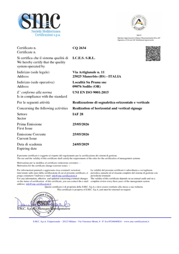Certificazione ISO 9001 I.C.E.S. SRL