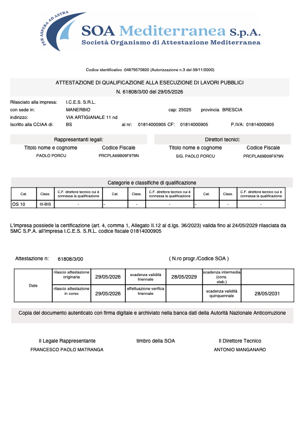 Attestazione SOA OS10 I.C.E.S. SRL